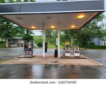 Milton NS, CAN, July 19th, 2022 -  Empty Gas Station Pumps Of The Main Street Of Milton Nova Scotia.