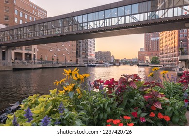 Milwaukee River Walk Footbridge With Flowers