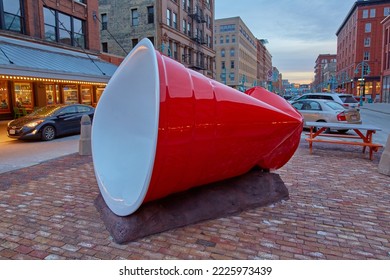 Milwaukee, WI - December 26, 2020: Third Ward Milwaukee Sculpture Of Crushed Red Solo Cup.