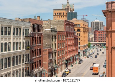 MILWAUKEE, WI - JUNE 2019 - A High Angle Wide Shot of the Historic Third Ward District in Milwaukee, WI on a Beautiful Summer Day