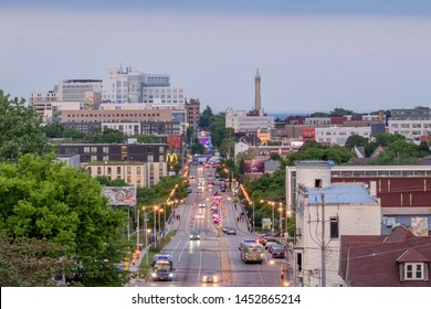 MILWAUKEE, WI - JUNE 2019 - A Telephoto Shot down North Ave toward the Historic North Point Water Tower in Milwaukee during a Summer Blue Hour