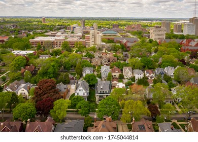 Milwaukee, WI / USA - May 30, 2020:  Aerial view of Milwaukee, Wisconsin looking west towards the University of Wisconsin, Milwaukee from approximately Summit Avenue and Hartford Street.