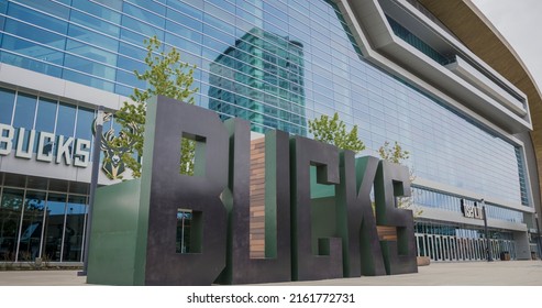 Milwaukee, Wisconsin - May 26, 2022: Milwakee Bucks Giant Photo Op Letters At NBA Basketball Fiserv Forum Arena