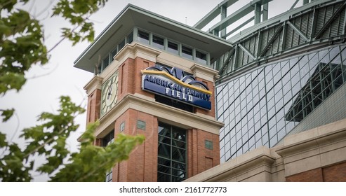 Milwaukee, Wisconsin - May 26, 2022: Milwaukee Brewers' American Family Field MLB Baseball Stadium Clock Tower