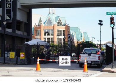 Milwaukee, Wisconsin / USA - August 17th, 2020: Police Security Checkpoints Stand Guarded Around The Wisconsin Center During The Democratic National Convention