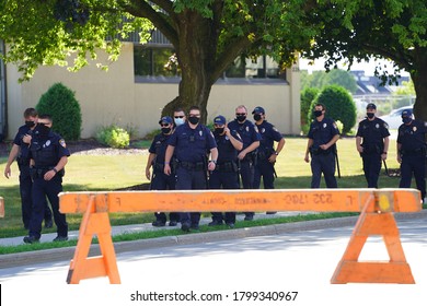 Milwaukee, Wisconsin / USA - August 17th, 2020: Police Security Checkpoints Stand Guarded Around The Wisconsin Center During The Democratic National Convention