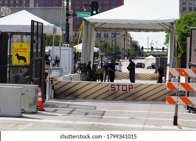 Milwaukee, Wisconsin / USA - August 17th, 2020: Police Security Checkpoints Stand Guarded Around The Wisconsin Center During The Democratic National Convention