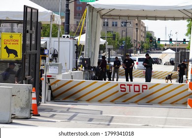 Milwaukee, Wisconsin / USA - August 17th, 2020: Police Security Checkpoints Stand Guarded Around The Wisconsin Center During The Democratic National Convention