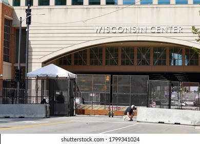 Milwaukee, Wisconsin / USA - August 17th, 2020: Police Security Checkpoints Stand Guarded Around The Wisconsin Center During The Democratic National Convention