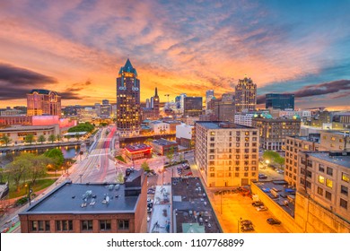 Milwaukee, WIsconsin, USA downtown skyline at dusk.