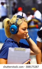 Milwaukee Wisconsin, USA - July 12, 2015: Verizon Indycar Series Indyfest ABC 250 at the Milwaukee Mile. Katie Hargitt Pit reporter for IndyCar and IndyLights on NBCSN, IndyCar track host