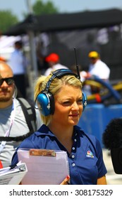 Milwaukee Wisconsin, USA - July 12, 2015: Verizon Indycar Series Indyfest ABC 250 at the Milwaukee Mile. Katie Hargitt Pit reporter for IndyCar and IndyLights on NBCSN, IndyCar track host