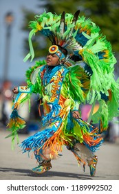 Milwaukee, Wisconsin, USA - September 8, 2018 The Indian Summer Festival, Child Wearing Traditional Native American Clothing, Dancing At The Pow Wow Competition.