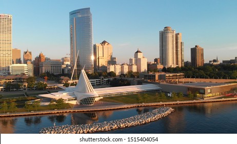 Milwaukee, Wisconsin/United States - September 26 2019: Aerial view of Milwaukee art museum. Sunny morning, summer