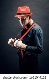 A MIME Artist Performs On Stage. Actor Of Pantomime Theatre. The Actor Of Drama Theatre And MIME. Performing Arts And Comedy.