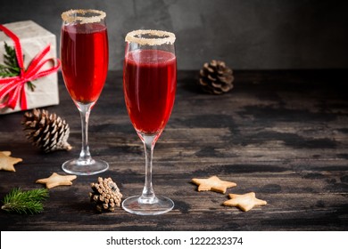 Mimosa Festive Drink For Christmas - Champagne Red Cocktail Mimosa (mocktail) With Cranberry For Christmas Party, Copy Space