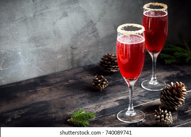 Mimosa Festive Drink For Christmas - Champagne Red Cocktail Mimosa With Cranberry For Christmas Party, Copy Space