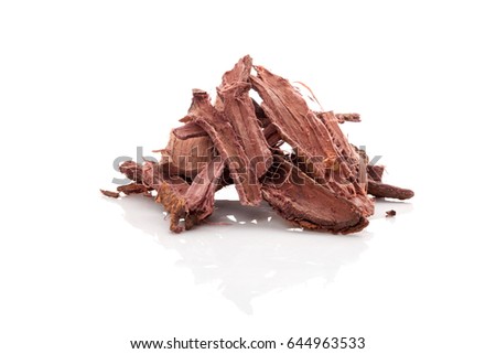 Mimosa hostilis root bark isolated on white background. 