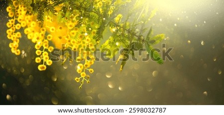 Mimosa Spring Flowers Easter background. Holiday backdrop, border art design. Blooming mimosa tree over sunny sky, bright sun flare. Mother's Day. Garden. Spring holiday blossom. Acacia Dealbata 