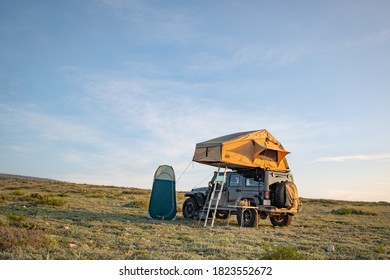 Mina Nuevo Leon, Mexico. September 12, 2020.   All Road Jeep Vehicle With A Roof Tent For Camping Outdoor.