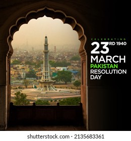 Afiche del 23 de marzo del 2014 del Día de la Resolución de Minar e Pakistan en un fondo nublado, grueso y oscuro. 