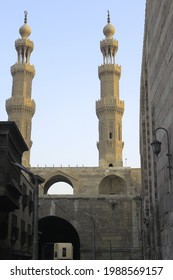 minaret of Bab Zuweila Mosque in Egypt. featuring two towers at the main entrance gate of the zuweila chapter area. with old and classic architectural designs.