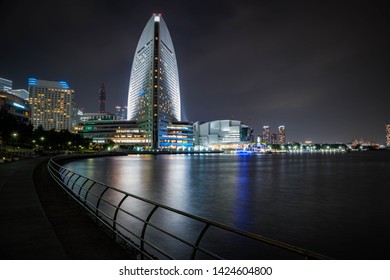 MINATO MIRAI, YOKOHAMA - June 12, 2019 : Yokohama Intercontinental Grand Hotel View At Night. Long Exposure. Landscape Orientation.