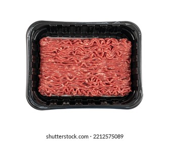 Minced beef meat in plastic container isolated. Ground fresh buffalo meat fillet, uncooked red mincemeat, raw veal forcemeat, farce minced meat portion on white background top view - Powered by Shutterstock