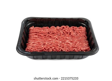 Minced beef meat in plastic container isolated. Ground fresh buffalo meat fillet, uncooked red mincemeat, raw veal forcemeat, farce minced meat portion on white background - Powered by Shutterstock