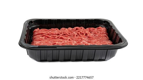 Minced beef meat in plastic container isolated. Ground fresh buffalo meat fillet, uncooked red mincemeat, raw veal forcemeat, farce minced meat portion on white background - Powered by Shutterstock