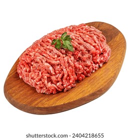 Minced beef meat, raw, fresh, on a wooden board, on a white background - Powered by Shutterstock