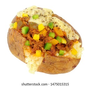 Minced Beef And Sweet Pepper Filled Baked Potato Isolated On A White Background