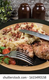 Minced Meat Cutlets With Boiled Sauerkraut  On Wooden Table.