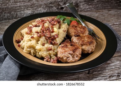 Minced Meat Cutlets With Boiled Sauerkraut  On Wooden Table.