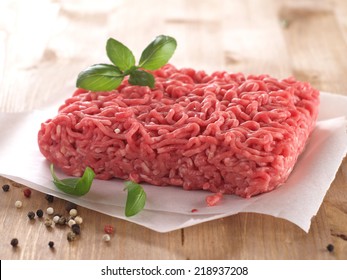 Minced Meat On Butcher Paper With Basil And Pepper, Selective Focus