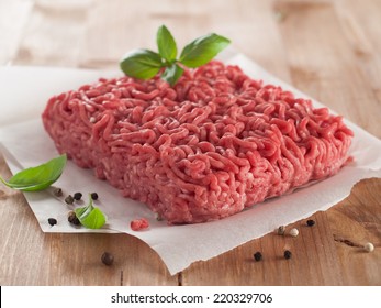 Minced Meat On Butcher Paper With Basil And Pepper, Selective Focus