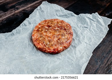 Minced Meat Patty Raw On Burger Table