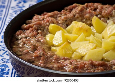 Minced Meat Pie With Potatoes On A White Embroidered Tablecloth.