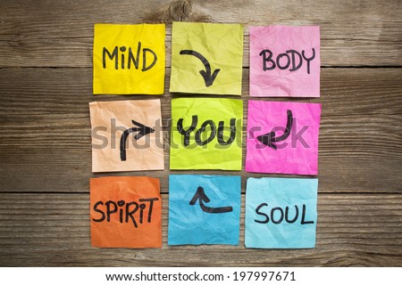 mind, body, spirit, soul and you - balance or wellbeing concept - handwriting on colorful sticky notes against grained wood