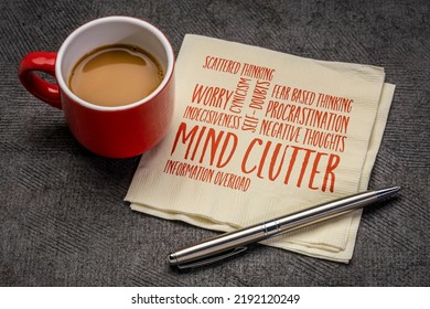 mind clutter word cloud on napkin with a cup of coffee, mental health and personal development concept - Shutterstock ID 2192120249