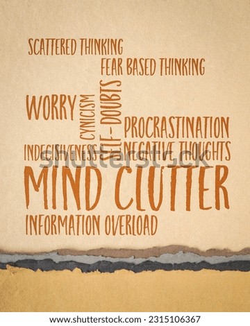mind clutter word cloud on an art paper, mental health and personal development concept