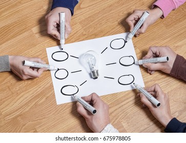 Mind Map Surrounding A Light Bulb. Brainstorming New Ideas And Innovations To Mindmap. Teamwork In Education And School Project Or Marketing Business Plan. Group Of People Drawing To Same Paper.