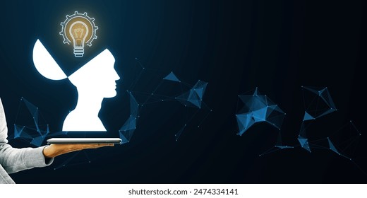 Mind mapping and creative inspiration concept. Close up of woman hand holding smartphone with glowing head outline and digital lamp and polygonal icons on blurry blue background with mock up place