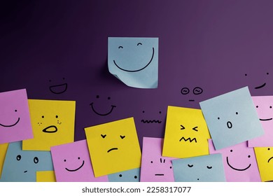 Mind, Mental Health Concept. Varieties of Mood and Emotion Inside Out. many Sticky Notes on Board with Handwriting Cartoon Emoticon Face - Shutterstock ID 2258317077