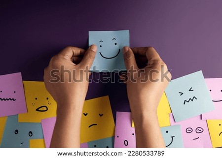 Mind, Mental Health Concept. Varieties of Mood and Emotion Inside Out. many Sticky Notes on Board with Handwriting Cartoon Emoticon Face