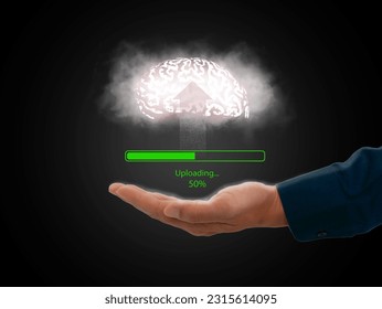 Mind uploading, Brain upload concept. Data and information are uploaded to the cloud system with a progress bar and percentage shown