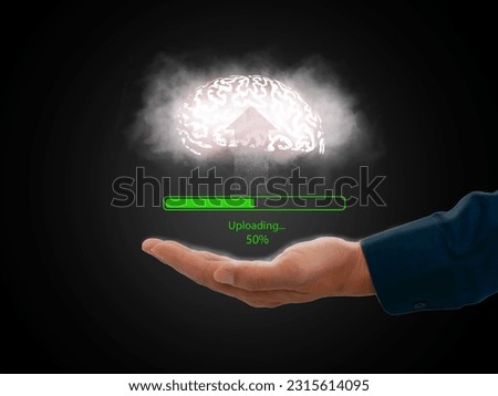 Mind uploading, Brain upload concept. Data and information are uploaded to the cloud system with a progress bar and percentage shown