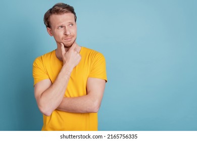 Minded Smart Clever Guy Finger Chin Look Empty Space Think Wear Casual Clothes Isolated On Turquoise Background