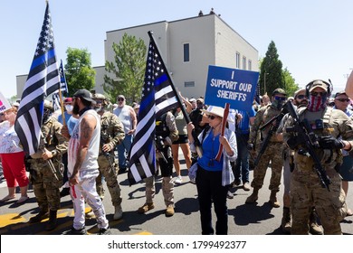 Minden, Nevada / USA - August 8 2020: Black Lives Matter protesters hold their first event in Douglas County and were met with an intimidating response from Blue Lives Matter groups. 