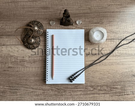 Mindful Journaling Flatlay With Buddha, Quartz Crystal, Tingsha And Mala Beads